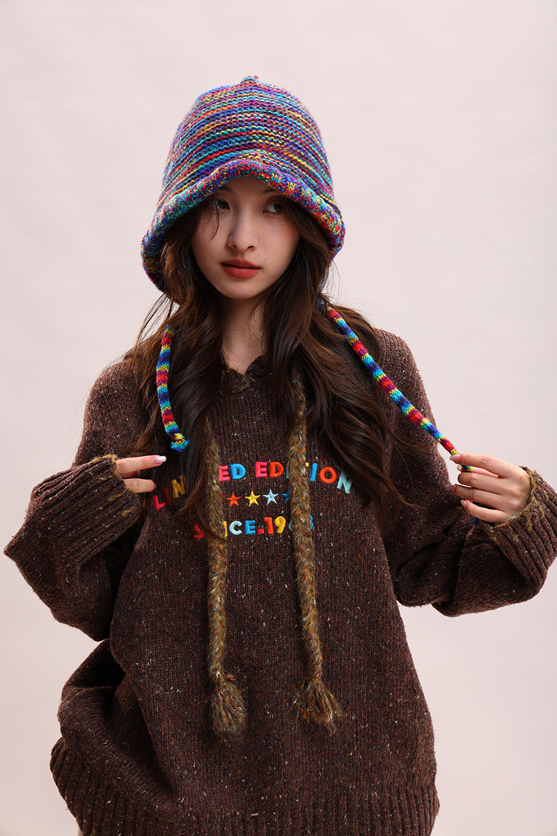 Cappelli di lana autunnali e invernali per bambini, colori arcobaleno a contrasto per mettere in mostra il viso, piccola borsa con testa carina legata con corda_voghion.com