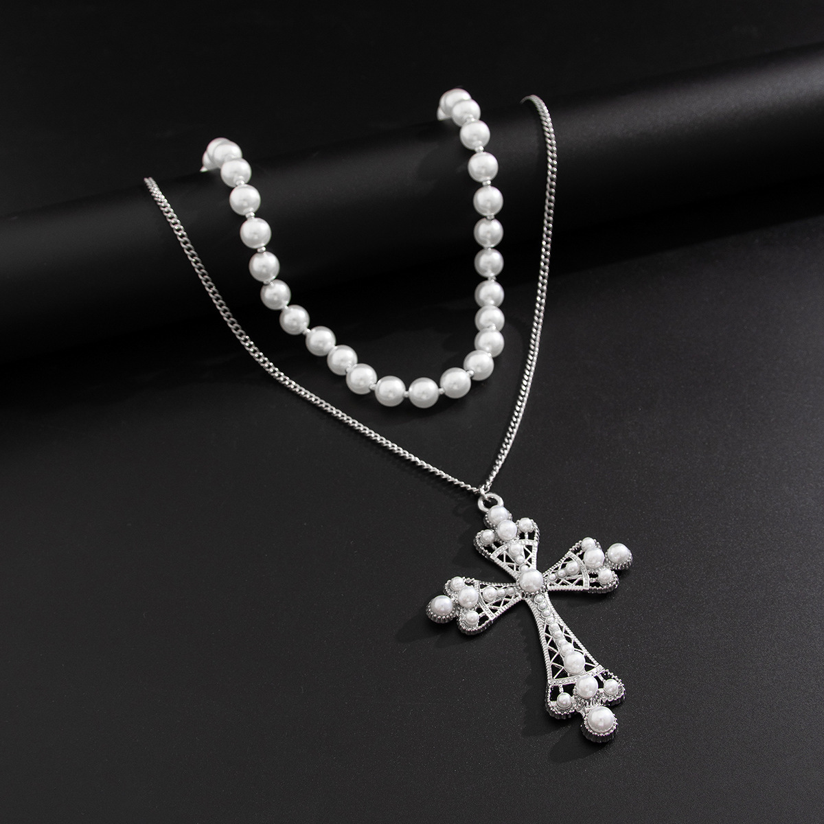 IG Style Cross Rhinestones Pearl Alloy Beaded Chain Cuban Link Chain Curb Chain Layered Necklaces Wholesale display picture 32