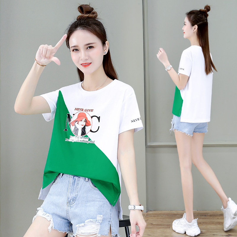 前短後長短袖t恤女21年夏裝韓版拼色開叉圓領印花短款上衣服