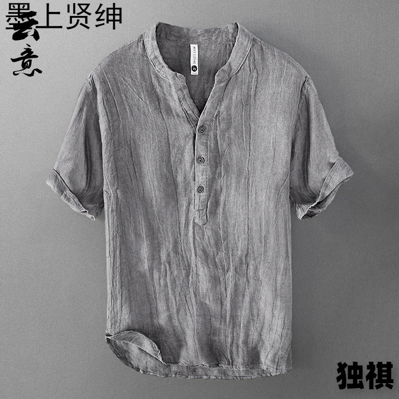 Camiseta de lino puro de manga corta para hombre verano estilo chino suelto delgado con cuello en V top retro casual de media manga cáñamo camiseta