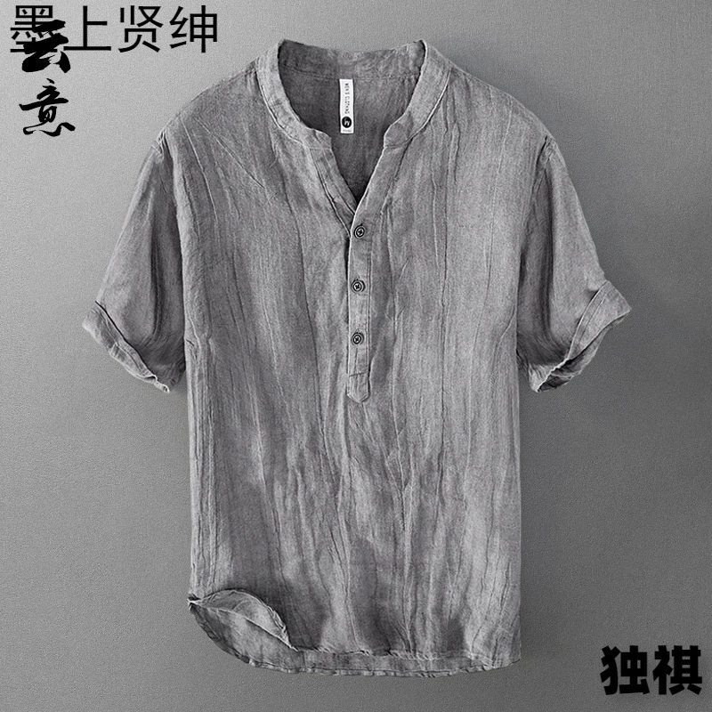 Чистая льняная футболка с короткими рукавами мужской летний китайский стиль свободный тонкий V-образный топ ретро повседневная футболка с половиной рукава