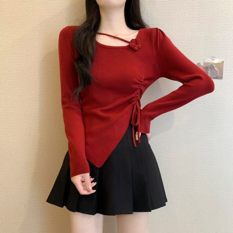 Knitted Base Shirt Women's Spring, Autumn and Winter Explosions Irregular Waist Flower Bright Color Wearing High Waist Top Sweater