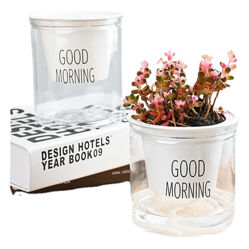 Lazy Pot Auto Absorbente de plástico transparente circular hidropónico Suculento creativo de resina Good Morning Pot