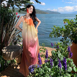 夏季落日余晖印花连衣裙度假系列无袖真丝感