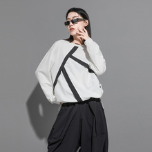 欧美秋冬新款外贸女装T恤暗黑圆领拼夹宽条宽松个性街头卫衣长袖T