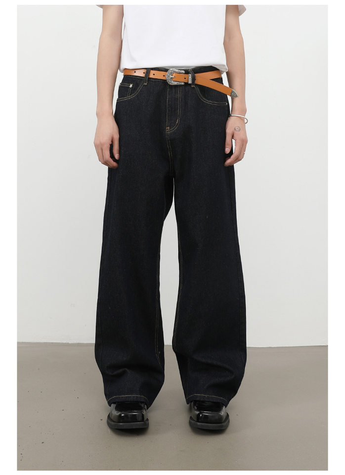 Quần jean nam ống rộng lưng giữa form suông thoải mái phong cách cơ bản — Denim đen, màu xanh denim chi tiết 15