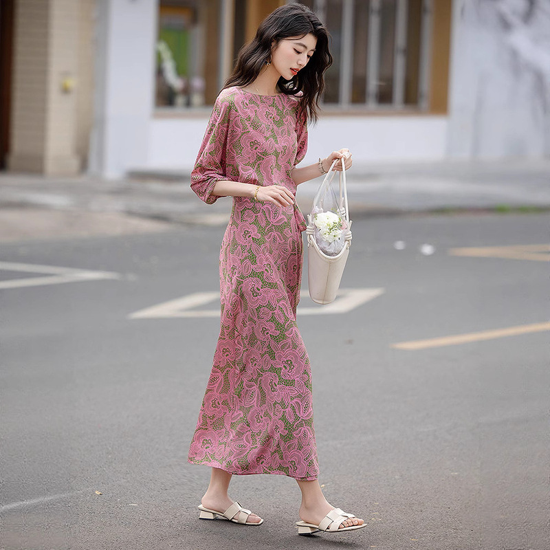 Elegant Retro Printed Tea Break Dress for Women 2025 Summer New One-Shoulder Strap Waist Long Dress