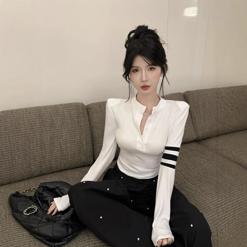 American Style Spice Girl Color Contrast Three Bars Long-sleeved T-shirt Women's Autumn and Winter College Style Slim-fit Slimming Short Base Shirt Top