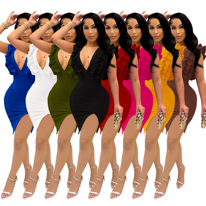 Best Sale European and American Women's Clothing Solid Color Deep V-Neck Ruffled Club Mini Dress