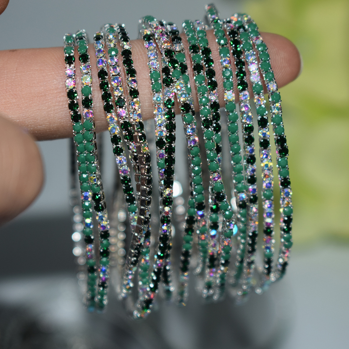 European and American Cross-border Diamond Fine Elastic Bracelet 2mm Single Row Color Water Diamond Bracelet Women's Bracelet Women's Claw Chain Full Diamond Hand