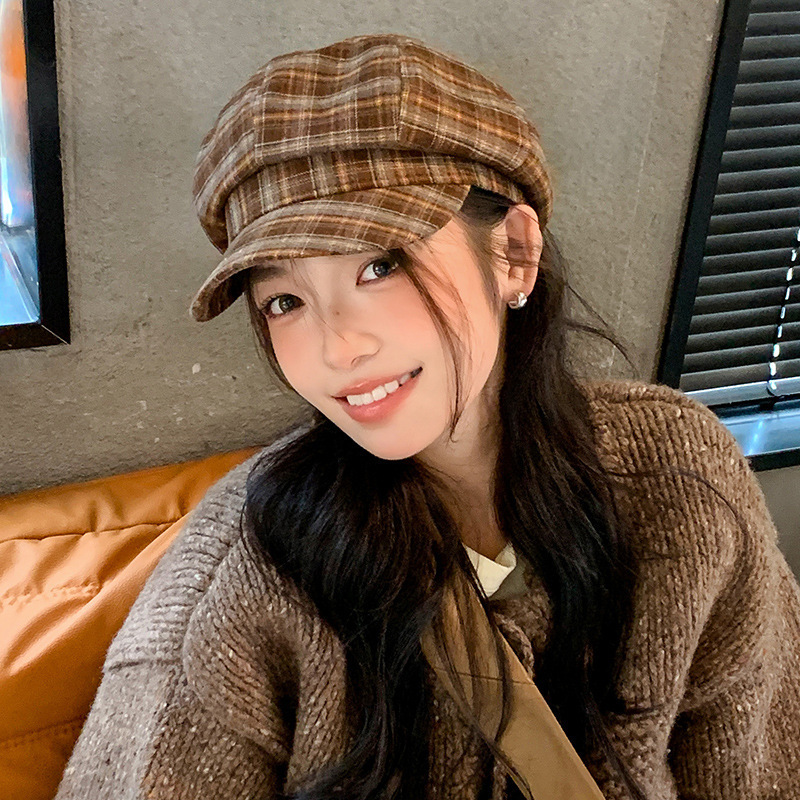 秋季新款复古格纹贝雷帽子女时尚百搭显脸小八角帽子学院风报童帽|undefined