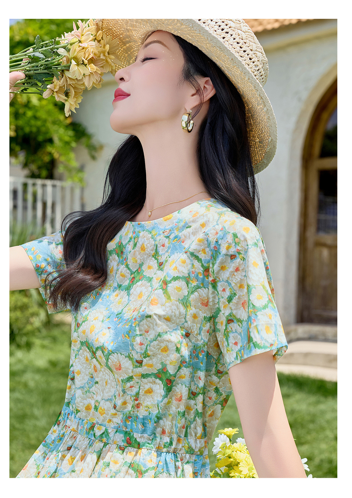 Đầm maxi nữ thắt eo họa tiết hoa nhí màu xanh lá dáng suông dài — Xanh lá cây nhạtcolor chi tiết 14