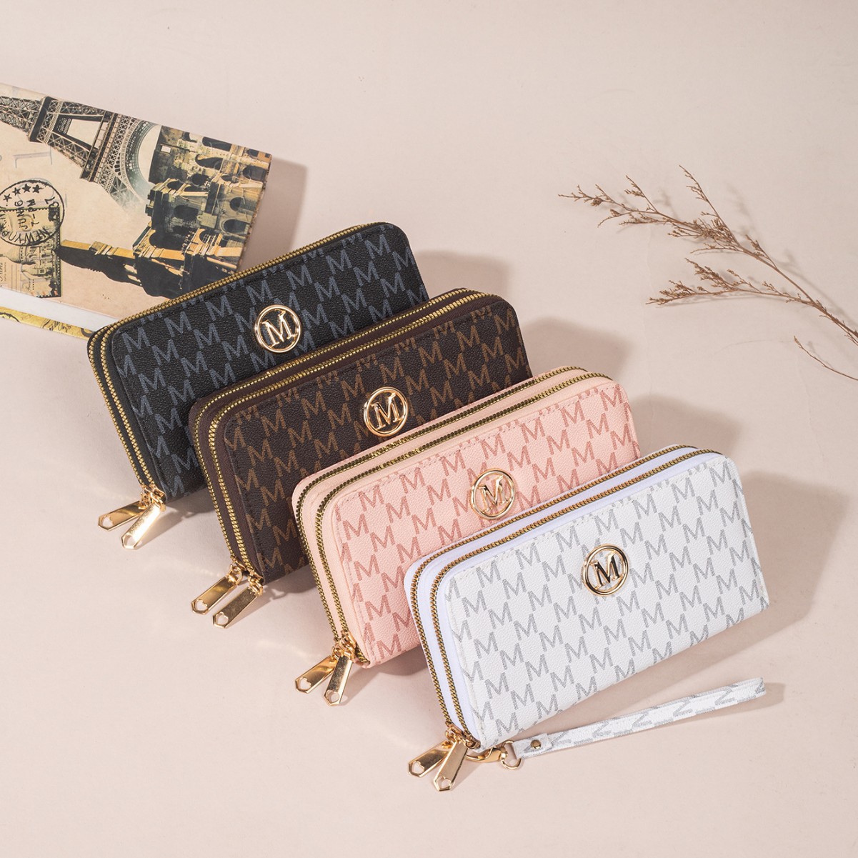 Nueva moda damas billetera larga de doble cremallera nueva impresión bolso de mano multi-tarjeta de gran capacidad compartimiento cremallera