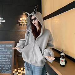 美式犬耳慵懒风重工柳钉拉链连帽外套女秋季宽松显瘦别致减龄上衣