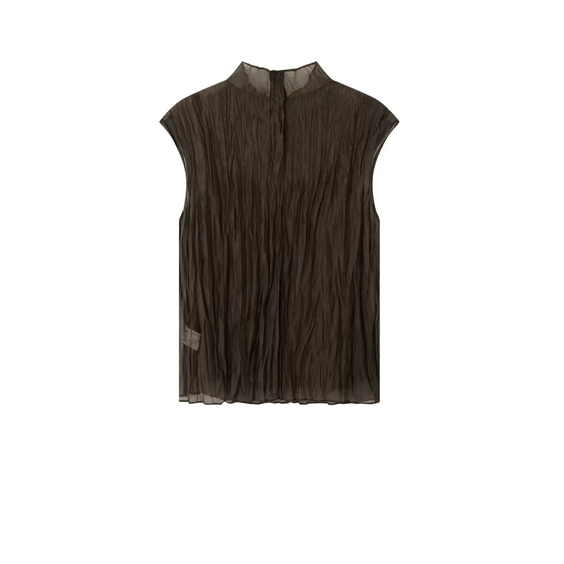 Real shot of the new 2026 summer design: sleeveless vest with stand-up collar, pleated shirt, and camisole two-piece set for women Real shot of the new 2026 summer design: sleeveless vest with stand-up collar, pleated shirt, and camisole two-piece set for women