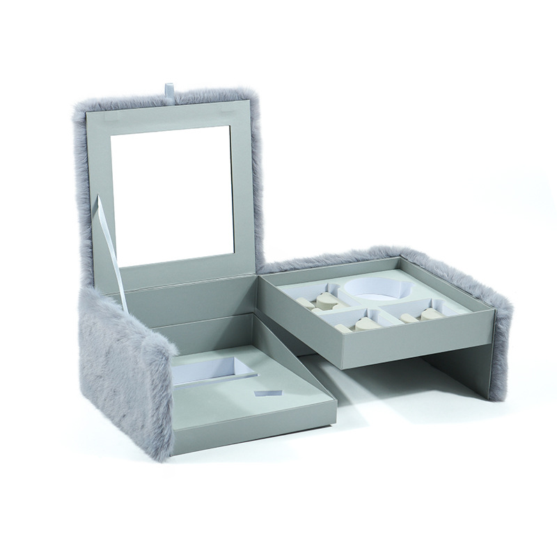 Caja de embalaje portátil de almacenamiento de pestañas de doble capa con espejo Caja de regalo cosmética de felpa multicapa personalizada image 3