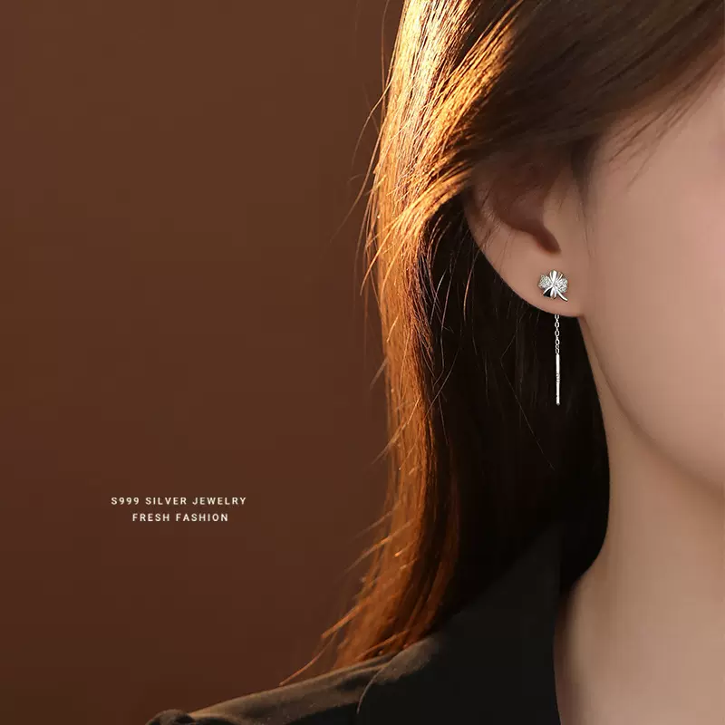 四叶草耳线女s999纯银森系小清新百搭微镶耳钉学生足银耳饰批发