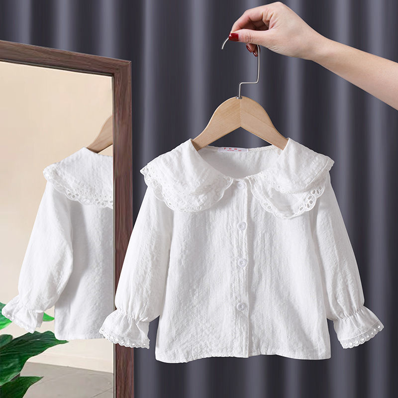 2024 otoño nuevo estilo bebé niña niños estilo coreano doble capa encaje cuello camisa que basa la camisa superior