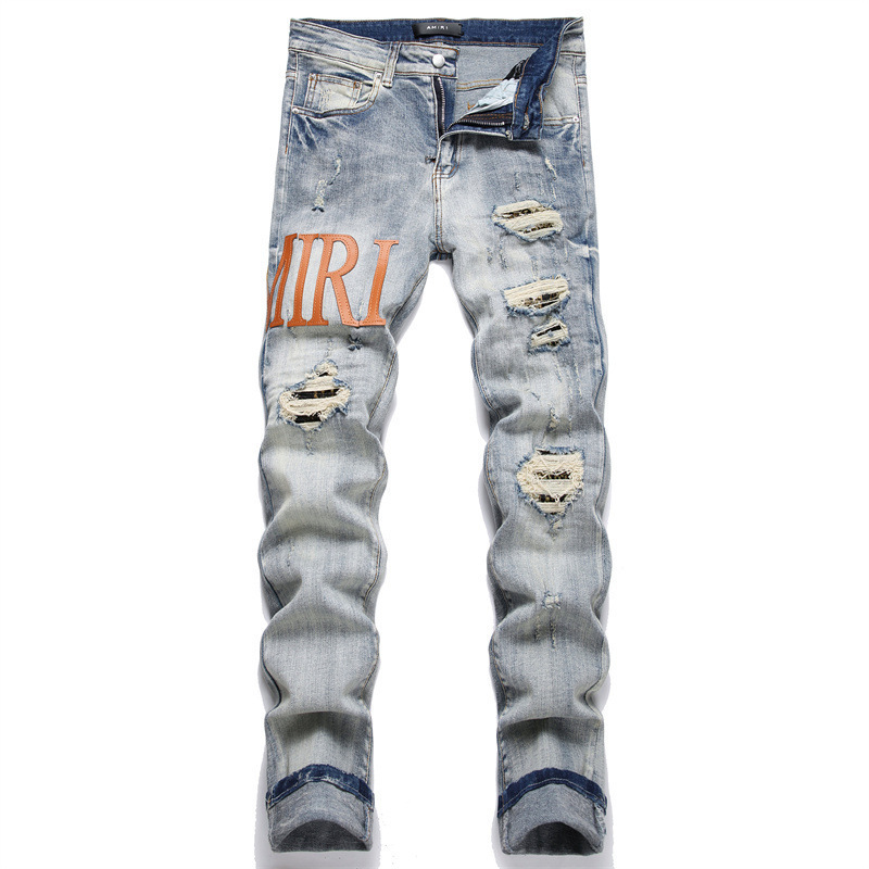 Am New Men's Retro Leather Label Jeans Ripped American Men's Elastic Slim Fashion Pants Versatile Men's Pants 3539 Am New Men's Retro Leather Label Jeans Ripped American Men's Elastic Slim Fashion Pants Versatile Men's Pants 3539