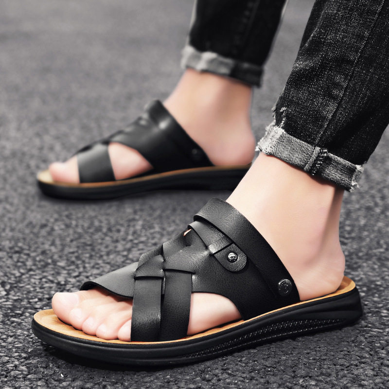 Dép sandal nam quai ngang hở ngón đế mềm thoáng khí chống trơn trượt cỡ lớn — Nâu Đen, vàng nâu