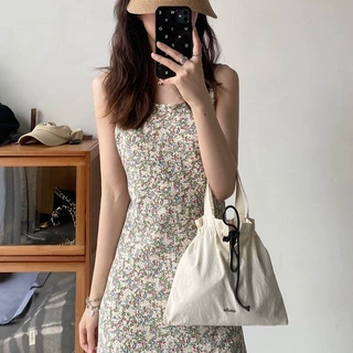 五笔蟹碎花包臀连衣裙女夏季性感低胸显瘦吊带A字裙短裙子沙滩裙
