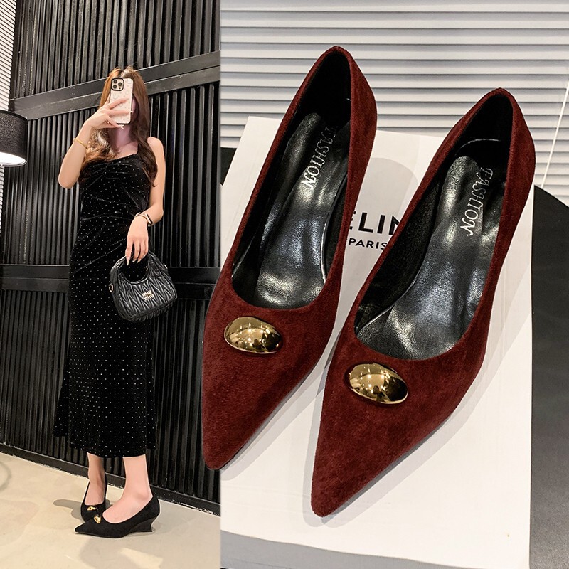 Kangcan's New Autumn Style Versatile Wedge-Heeled Soft-Soled Flats for 25 Years, Internet Celebrity Fashionable Suede Shallow High-Heeled Shoes for Women