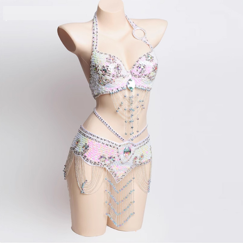 Danza del vientre ropa de espectáculo de mano perla bordada bra cintura paquete de baile indio vestido de escenario sexy discoteca BRA