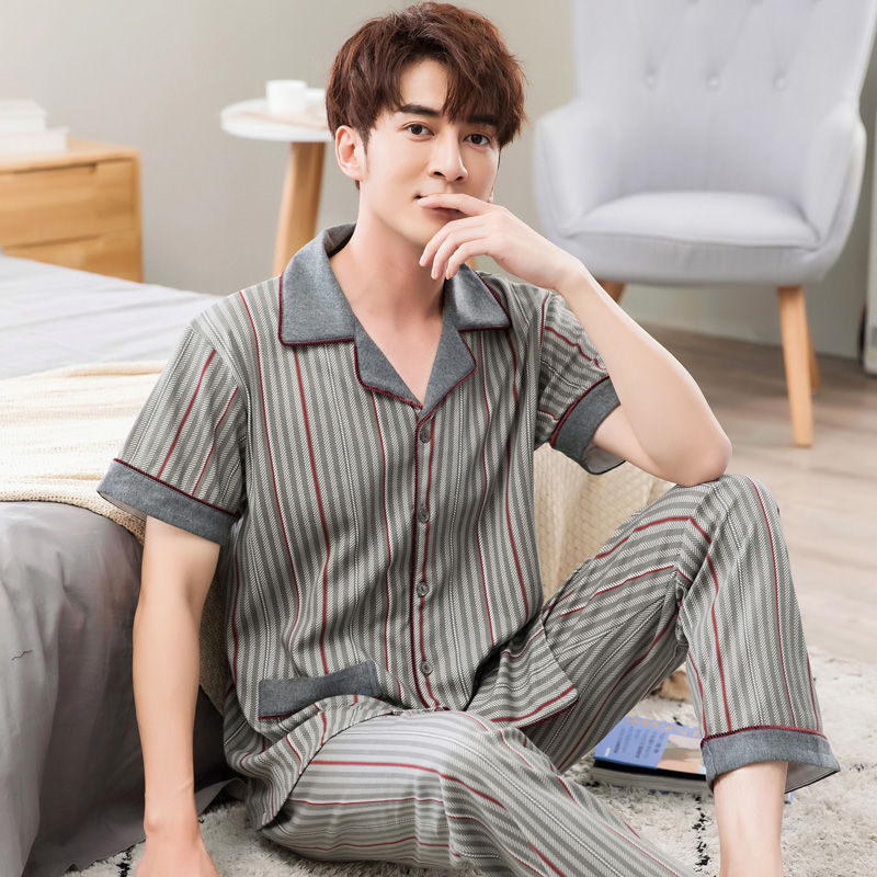 Pijamas de los hombres de verano 100% algodón pantalones de manga corta de media manga de primavera y otoño delgada cardigan ropa para el hogar más tamaño