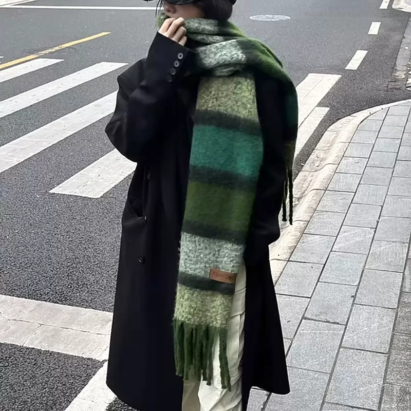 新款秋冬条纹围巾女士高级感百搭仿羊绒围巾加厚保暖围脖披肩批发