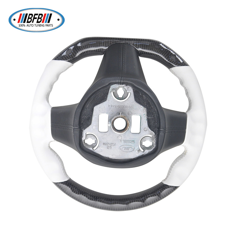 100% Real Carbon Fiber Forged Steering Wheel with White Leather and White Stitching - For Tesla Model Y - Modification