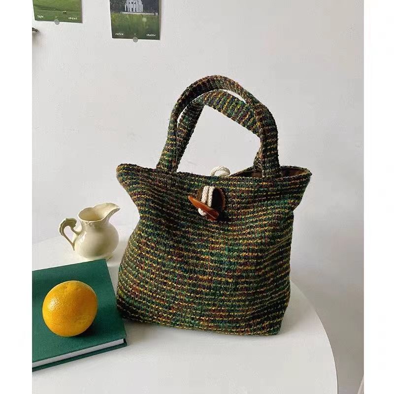 Niche design woven mixed color tweed daily traveling small hand bag tote bag horn buckle design hand bag