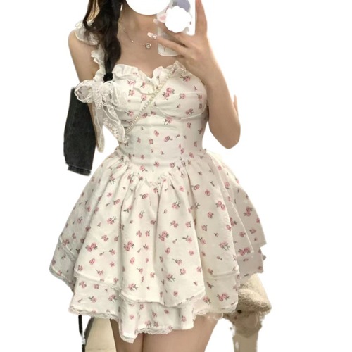 Sweet temperament, fungus-edged suspender dress for women, summer French waist slimming tutu skirt, floral A-line skirt