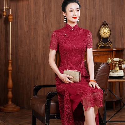  mother-in-law high-grade dress double heavy lace long qipao dress to restore ancient ways in the literature of the republic of China wind cheongsam