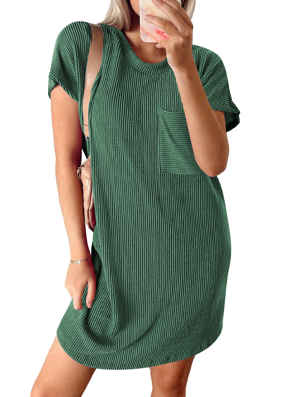 Women Summer Casual Contrast Color Wavy Stripes Short Sleeve Pocket Dress