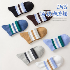 襪子男士中筒條紋春秋款簡約百搭潮流防臭吸汗運動款長筒襪夏季款