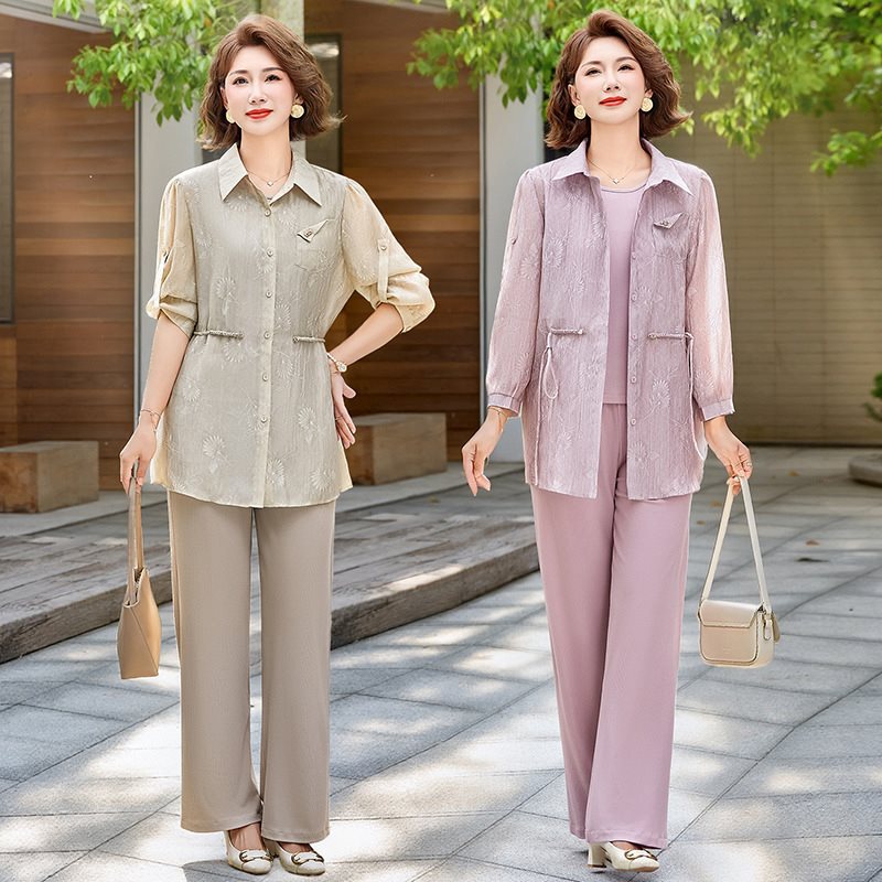 Mom's Spring and Summer Wedding Banquet Short-Sleeved Shirt Set, Sun Protection, Middle-Aged and Elderly Women's Clothing, Dignified and Stylish, Age-Reducing Three-Piece Set