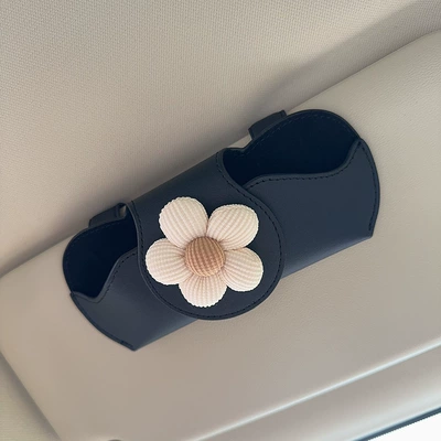 Car Glasses Case, Sun Visor, Sunglasses Clip, Car Driver's Glasses Clip, Sunglasses Car Storage Box, Glasses Holder (Car Glasses Clip/Bill Clip) - black-glasses-case-and-leather-case-off-white-flower