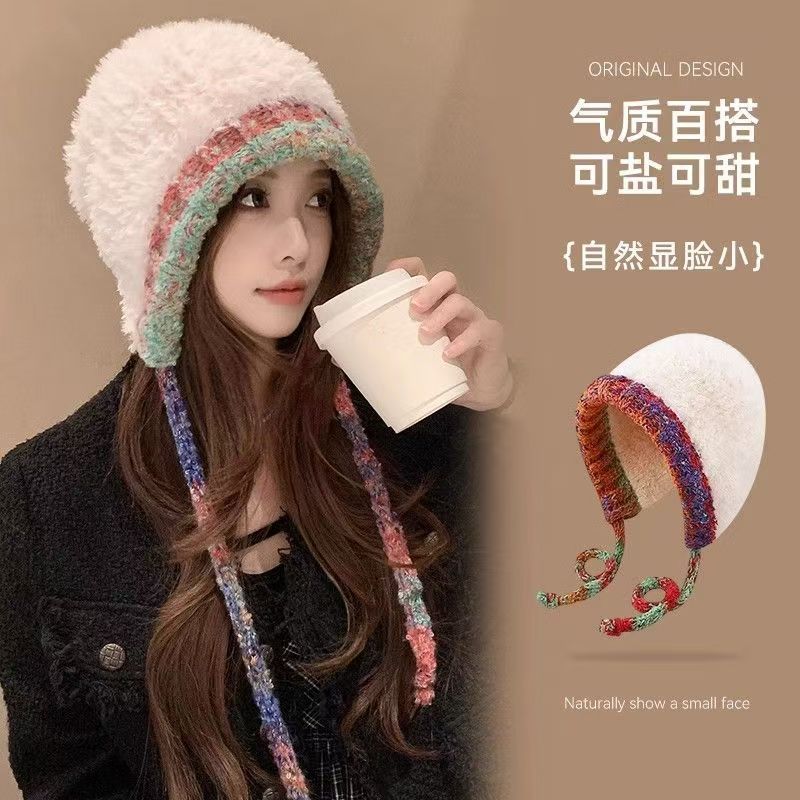 韩版时尚毛绒帽女秋冬显脸小大头围护耳毛线帽户外保暖甜美针织帽|undefined