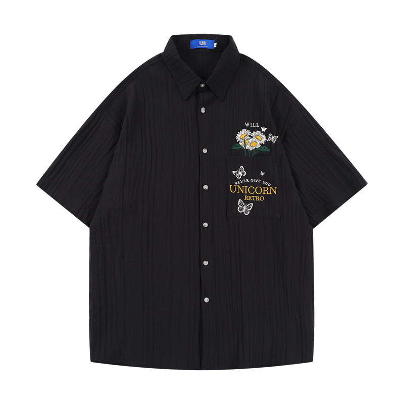 Hong Kong Style Retro Butterfly Flower Embroidered Shirt Short-Sleeved Men's and Women's Summer Casual Loose Half-Sleeved Top Trendy Hong Kong Style Retro Butterfly Flower Embroidered Shirt Short-Sleeved Men's and Women's Summer Casual Loose Half-Sleeved Top Trendy