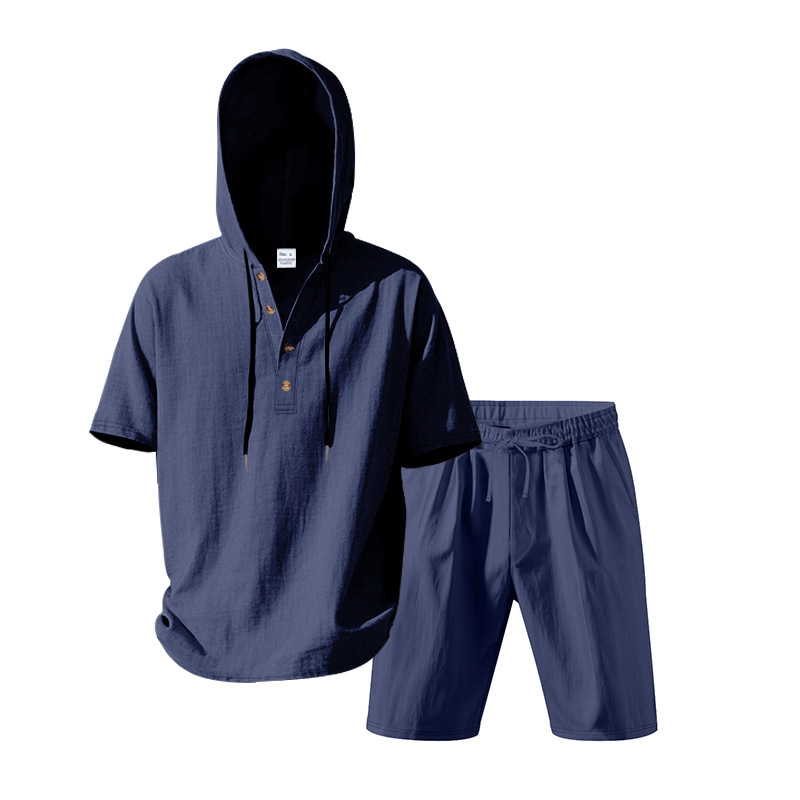 Men's Linen Hooded Short Sleeve Shirt & Shorts Set, Breathable Beach Casual Two-Piece Outfit For Summer_viptrois.com
