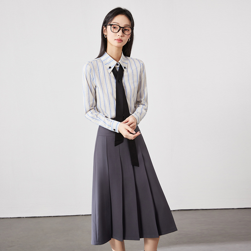 女士蓝色长袖条纹衬衣飘带衬衫中裙百褶裙时尚气质职业通勤两件套