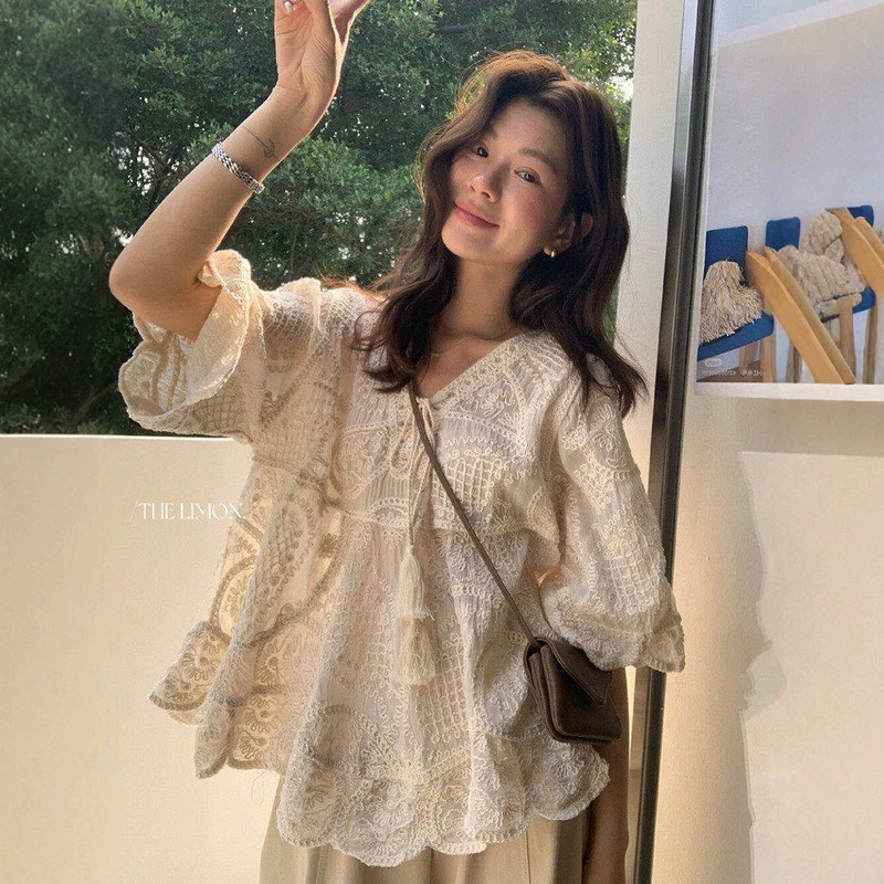 Bohemian Style Embroidered Lace V-Neck Tie Shirt for Women, Unique and Beautiful Ramie Blouse, French-Style Top for Summer
