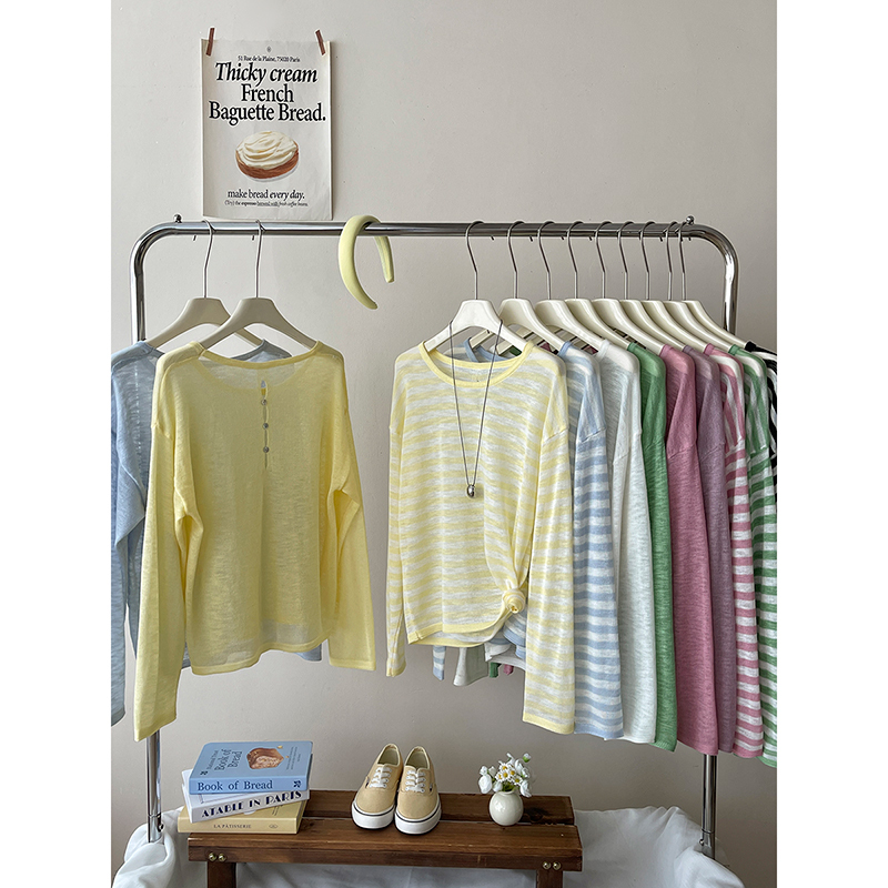 Japanese and Korean Style Backless Ice Silk Linen Sun-Protective Knit Top for Women, Summer Striped Loose-Fitting Cover-Up Shirt, Uv Protection