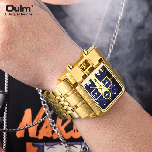 Oulm European radium gold cross-border large dial men's watch steel band calendar square quartz men's watch European and American style