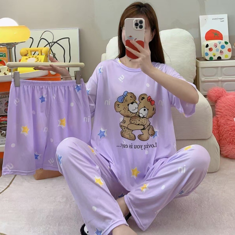 Pijamas de verano transfronterizos pijamas de leche de seda de tres piezas set de dibujos animados comercio exterior ropa para el hogar pantalones de mangas cortas lindos