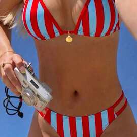 2027跨境亚马逊欧美新款bikini拼色绑带三角性感分体比基尼泳衣女