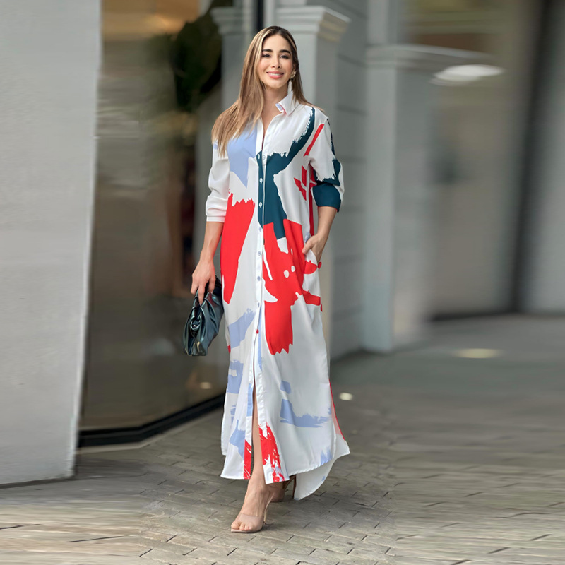 Women's Shirt Dress Casual Turndown Printing Long Sleeve 3D Print Chains Print Maxi Long Dress Daily Street display picture 1