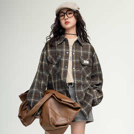 7801中学生长袖衬衫洋气大童衬衣秋装15少女格子外套初中生春秋装