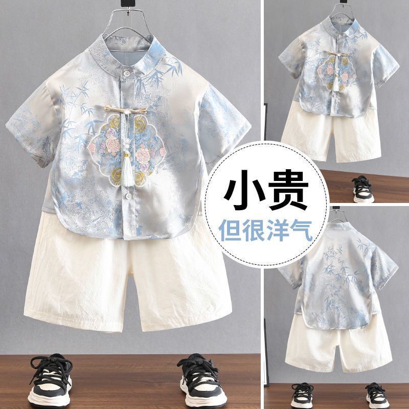 男の子の赤ちゃんハンサムな中国風の刺繍スーツ新しい中国風半袖夏唐スーツ新しいスタイルの子供のファッション子供服|undefined