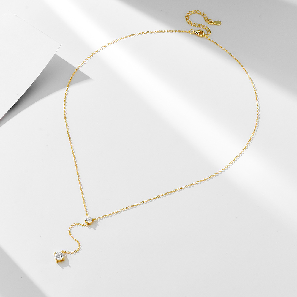 S925 plata de ley en forma de Y con flecos collar de clavícula mujeres europeas y americanas, diamantes simples, cadena de suéter de lujo ligero